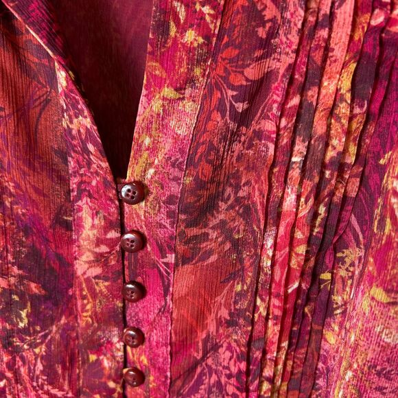 Coldwater Creek NWOT Burgundy Pink Abstract Sheer Pleated Button-up LS Tunic XL - Picture 6 of 13